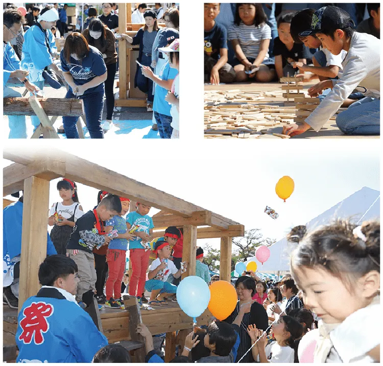 地域の人々が木材を切る、地域の子どもたちが木材を使ったゲームを行なっている、地域の祭りの様子